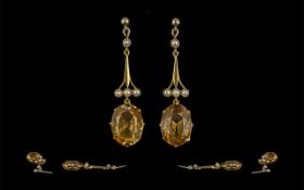 Antique Period 18ct Gold Citrine and Pearl Set Drop Earrings. Excellent Proportions / Design.