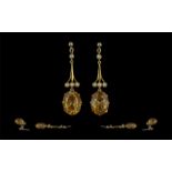 Antique Period 18ct Gold Citrine and Pearl Set Drop Earrings. Excellent Proportions / Design.