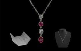 Edwardian Period - Excellent Platinum Ruby and Diamond Set Necklace with Four Stone Drop.