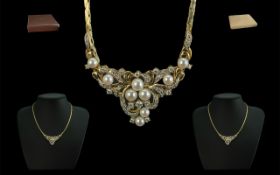 Ladies 18ct Gold Attractive Pearl and Diamond Set Necklace of pleasing design,