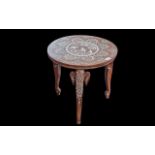 Anglo Indian Inlaid Camel Bone Hard Wood Table, depicting elephants. Height 19.5" x diameter 19.5".