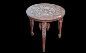 Anglo Indian Inlaid Camel Bone Hard Wood Table, depicting elephants. Height 19.5" x diameter 19.5".