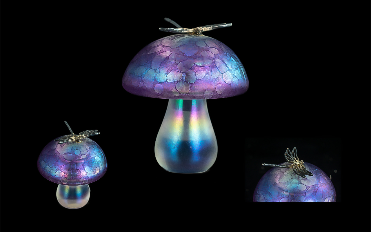 John Ditchfield Mushroom Paperweight with Silver Dragonfly. Glasform by John Ditchfield.
