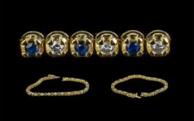 Ladies - Superb Quality 18ct Gold Line Bracelet, Set with Diamond and Blue Sapphire.