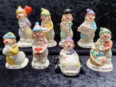 Collection of Eight Beswick Clowns, comprising Merry Christmas LL30, Happy Birthday LL8,