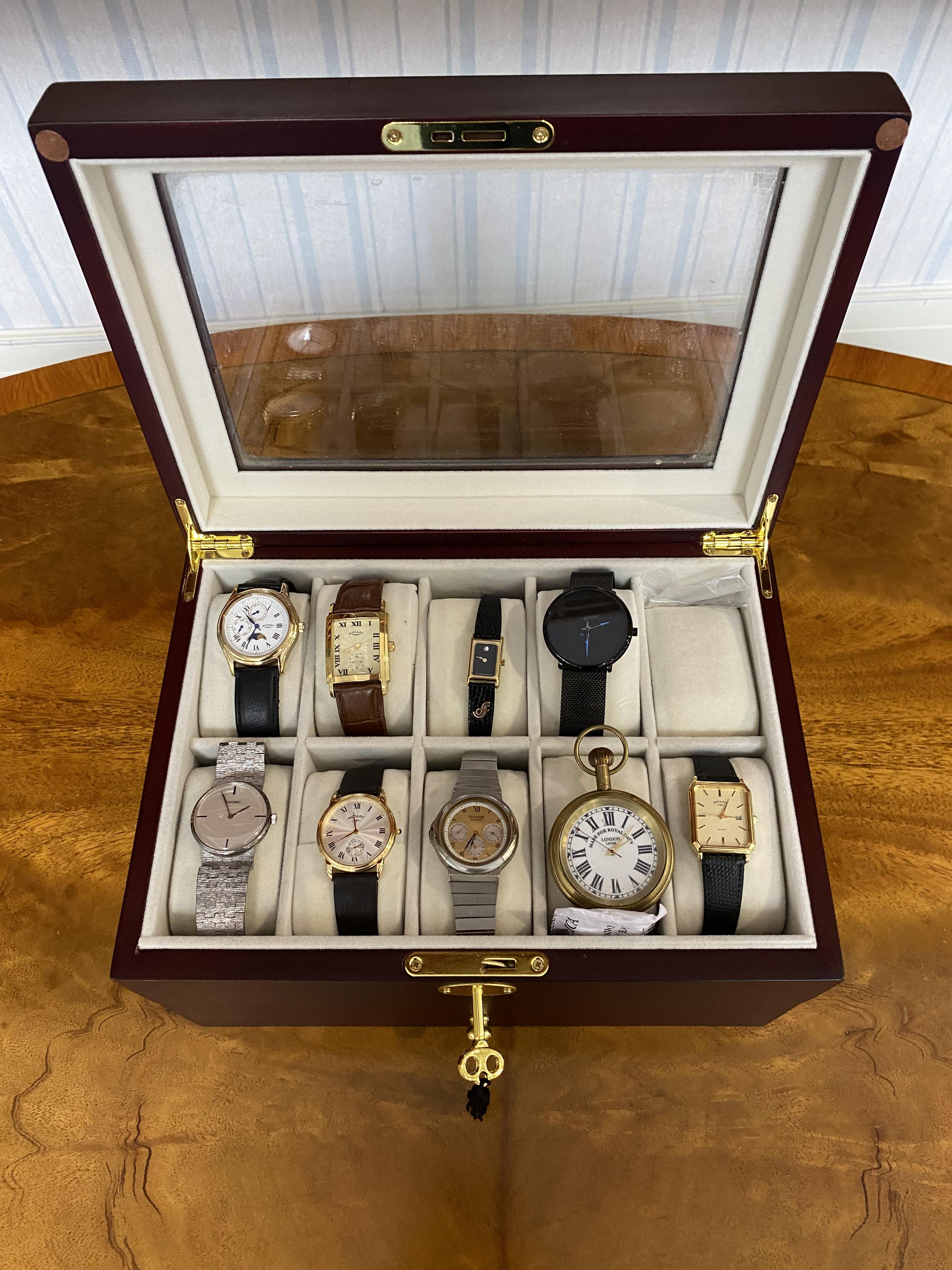 Watch Box Containing Nine Watches, to include a Rotary, Accurist, Longines, mostly quartz,