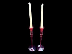 Pair of Tall Red Glass Candlesticks, mea