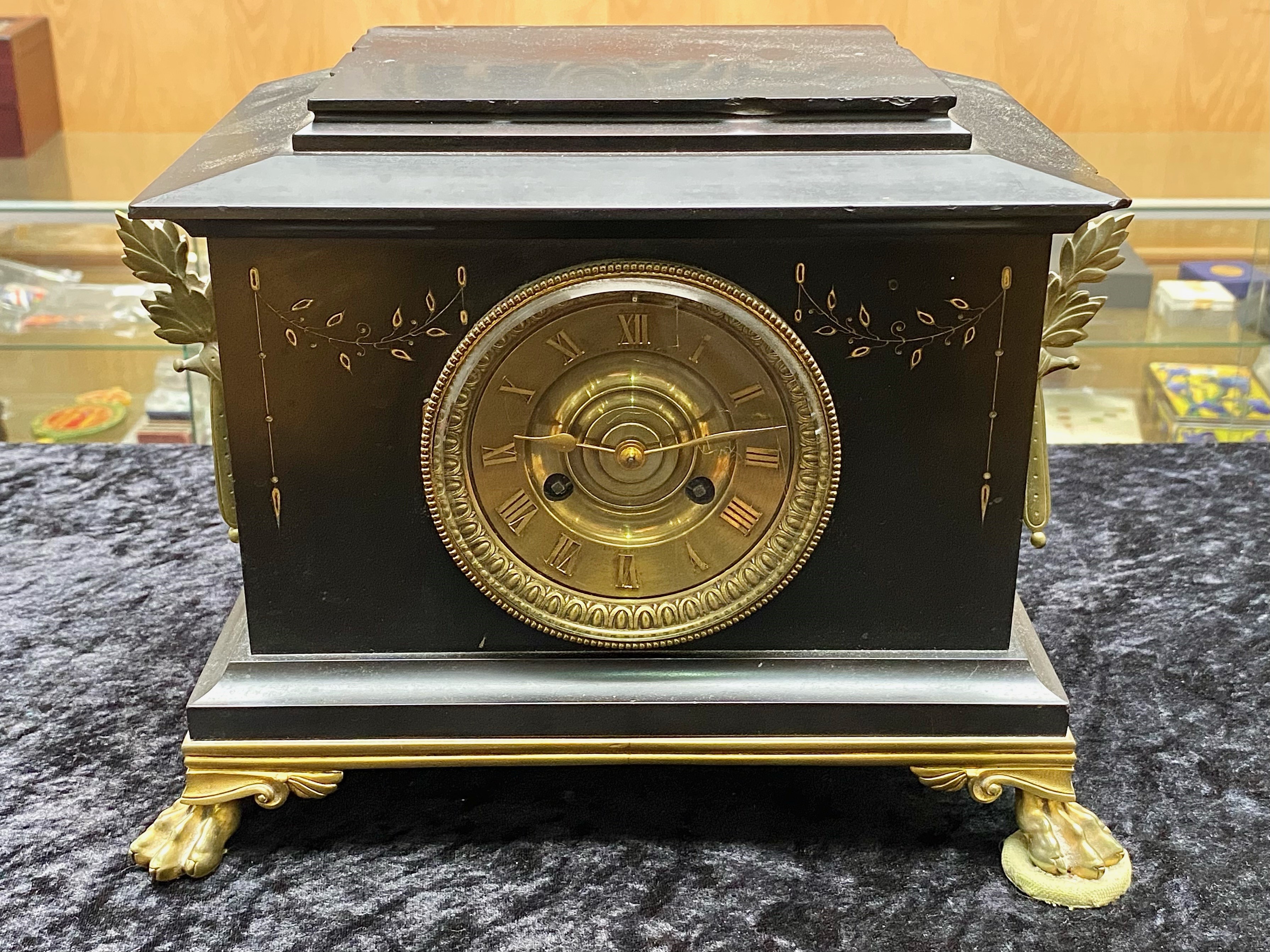 Victorian Black Marble Mantle Clock, brass dial with Arabic numerals,