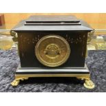 Victorian Black Marble Mantle Clock, brass dial with Arabic numerals,