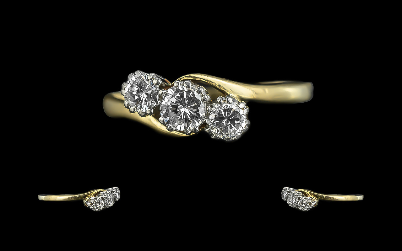 18ct Gold - Platinum 3 Stone Diamond Set Ring. Marked 18ct and Platinum to Interior of Shank.