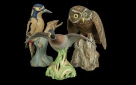 Three Spode Porcelain Bird Figurines, comprising a Spode Greater Spotted Woodpecker, 9" tall,