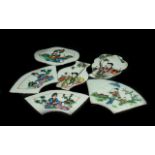 Collection Of Six Antique Chinese Porcelain Plaques, All Various Shapes, Painted Figures,