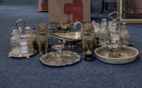 Box of Silver Plated Ware, including teapots, condiment sets and stands, trays, etc.