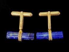 Pair of 9ct Gold Lapis Lazuli Gentleman's Cufflinks, hallmarked, bar design with gold decoration.