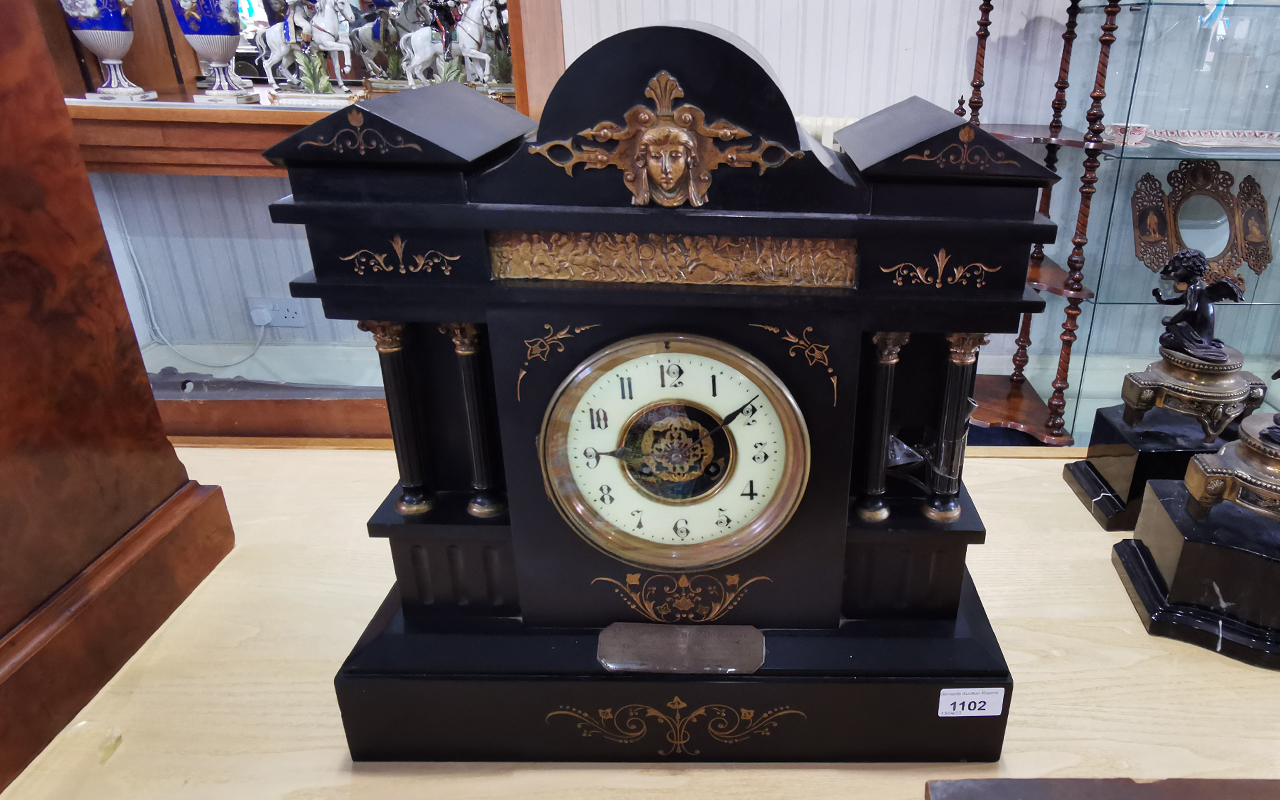 19th Century Black Slate Architectual Clock, cream chapter dial with Arabic numerals,