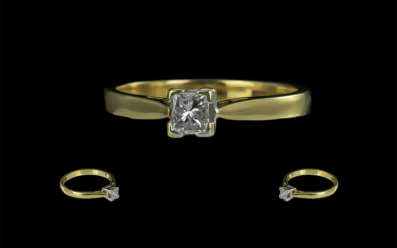 18ct Gold Fine Quality Single Stone Diamond Ring, Marked 18ct to Shank. The Princes Cut Diamond of