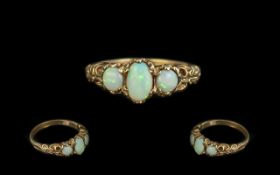 Ladies - Attractive 9ct Gold 3 Stone Opal Set Ring, Ornate Shank.