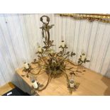 Gilt Brass Light Fitting, six branch chandelier design, leaf decoration, candle lights.