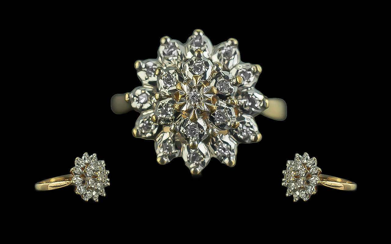 9ct Gold Diamond Cluster Ring, flowerhead design. Ring size I. Weight 3.2 grams. Fully hallmarked.