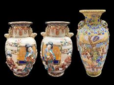Three Oriental Tall Vases, comprising a pair of Japanese vases 13" tall,