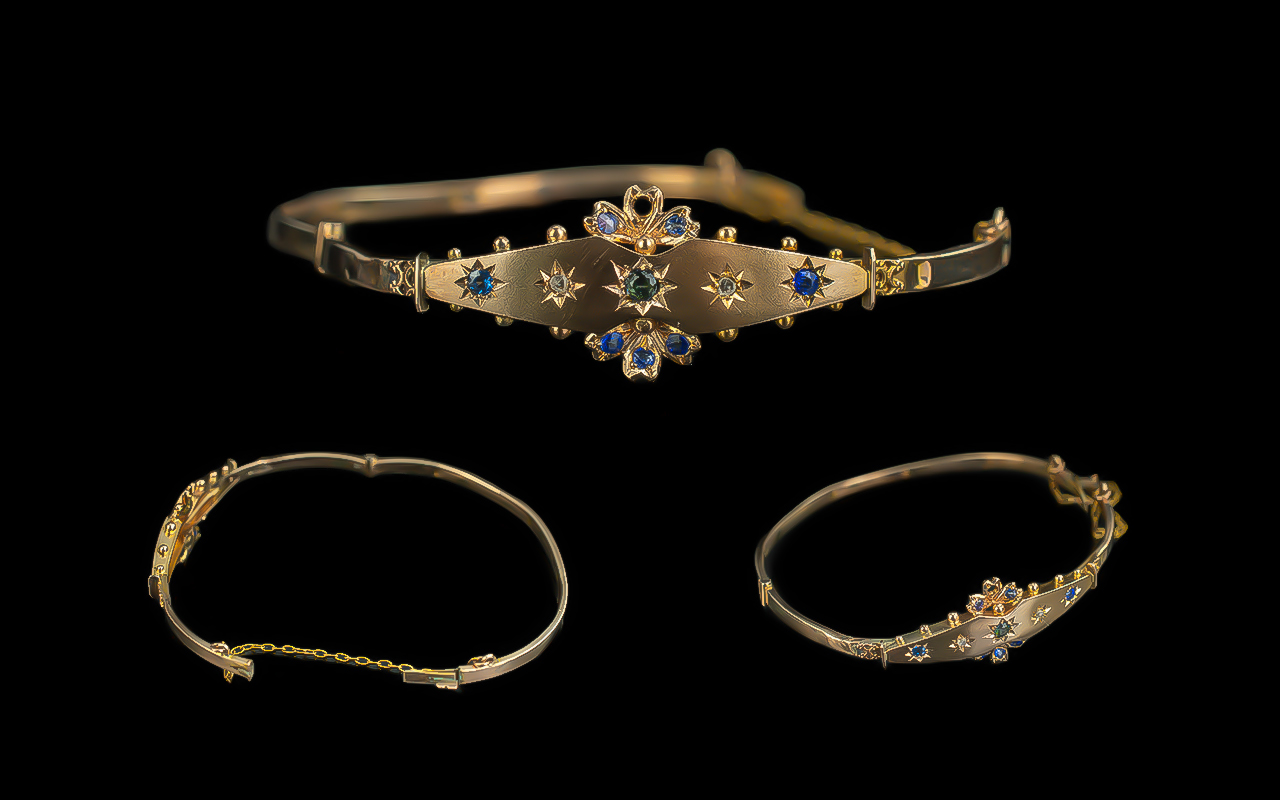 Antique Attractive Ladies 9ct Gold Ornate Bangle, hinged, set with Sapphires and Diamonds.