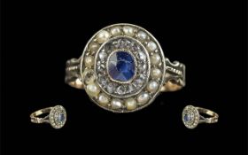 Georgian Attractive 9ct Gold Sapphire / Pearl / Diamond Set Dress Ring. Not Marked but Tests Gold.