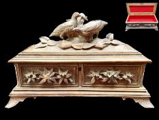 Carved Wooden Box, German made, decorated to the top with a pair of carved pheasants and foliage,