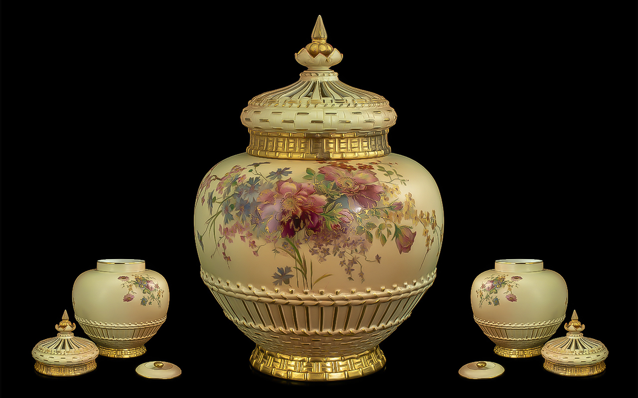 Royal Worcester Superb Quality Hand Painted Large Blush Ivory Persian Style Reticulated Pot Pourri,