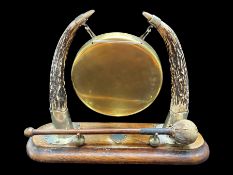 Edwardian Horned Gong, on a wooden plinth, two horns with brass ends with a gong between,