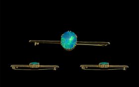 Antique Period Attractive 9ct Gold Bar Brooch - Set With A Large Oval Shaped Opal To Centre of