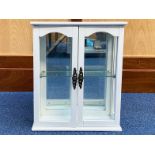 White Painted Wall Display Cabinet, with mirror back, two glass doors, glass shelf.