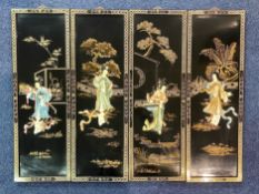 Four Japanese Wall Hangings, painted in gilt, with applied painted pearl figure.