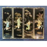 Four Japanese Wall Hangings, painted in gilt, with applied painted pearl figure.