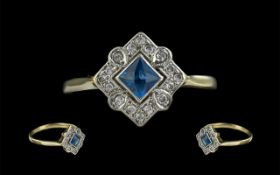 Antique Period - Attractive 18ct Gold Sapphire and Diamond Set Ring. Marked 18ct to Shank.