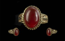 9ct Gold Ornate Well Made Single Stone Cabochon Cut Cherry Cornelian Set Ring. Marked 9.