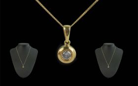 18ct Gold - Superb Quality Single Stone Diamond Set Pendant Drop with Attached 18ct Gold Chain.