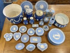 Box of Blue Jasper Wedgwood, comprising plates, biscuit barrel, planter, vases, lidded pots,