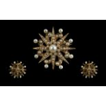 Antique Period - Exquisite and Attractive 18ct Gold Star burst Design Brooch, Set with Diamonds,