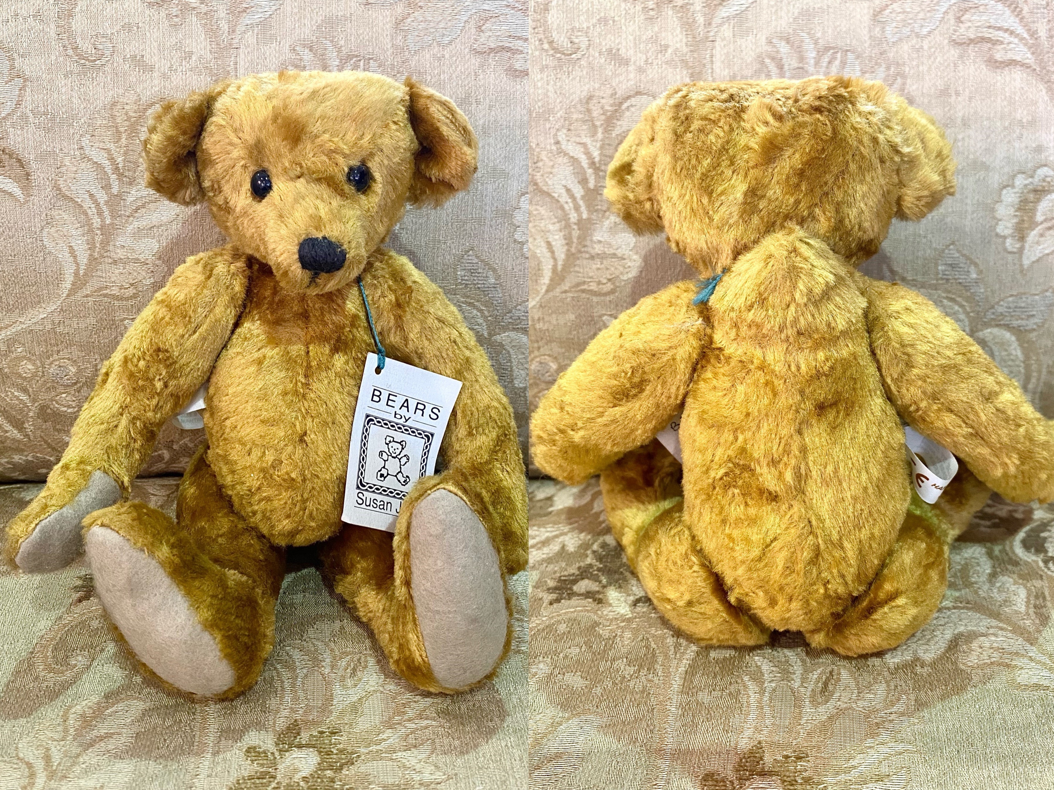 Susan Jane Teddy Bear, plush fabric, moveable limbs, hump back, measures 10" tall.