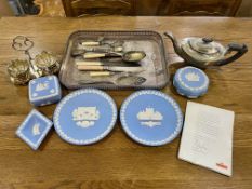 Collection of Metal Ware to include, tray, teapot and cruet set and flatware.