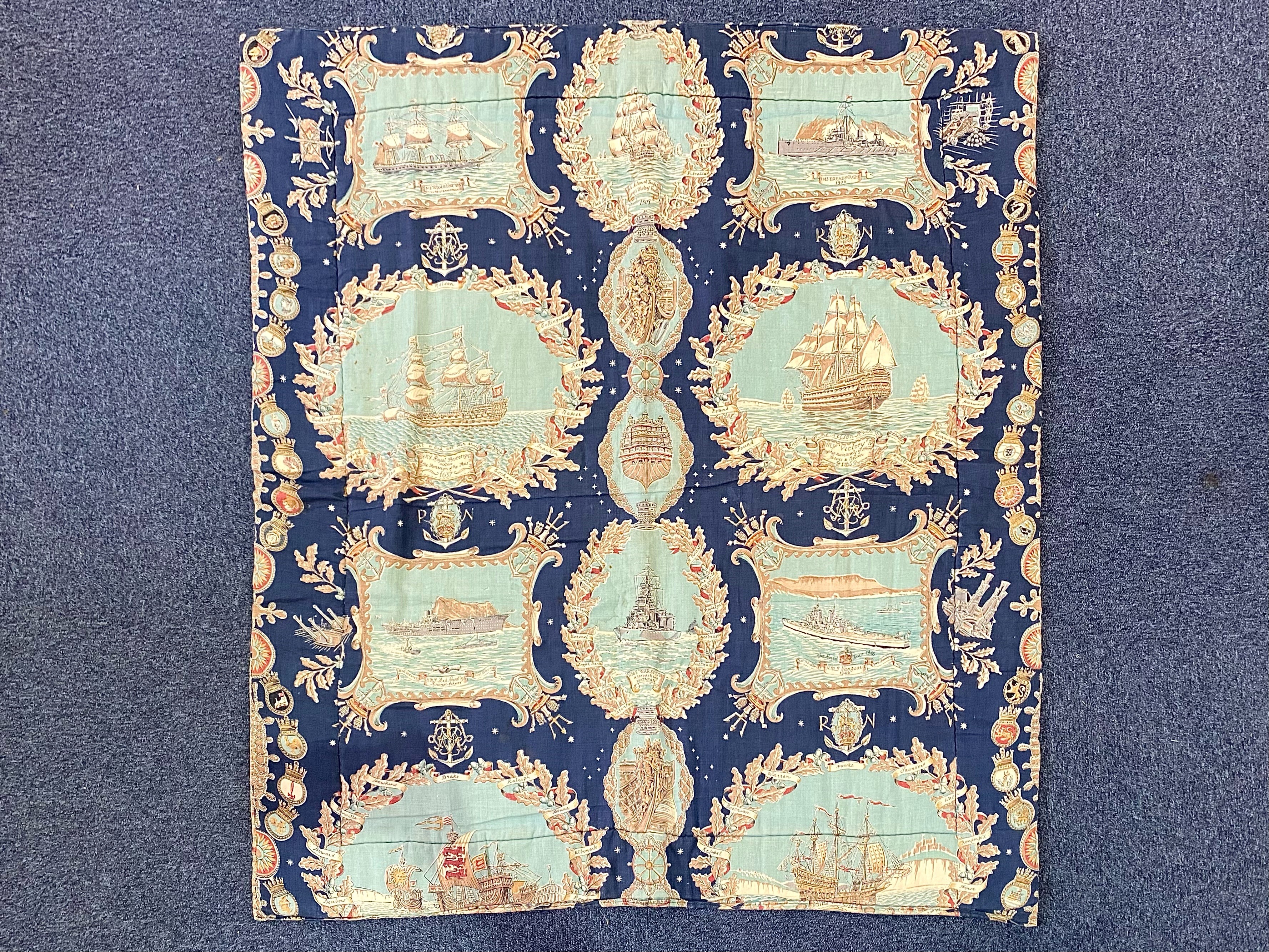 Cunard Liner Bed/Sofa Throw, blue patterned fabric representing British Naval History from 1515.