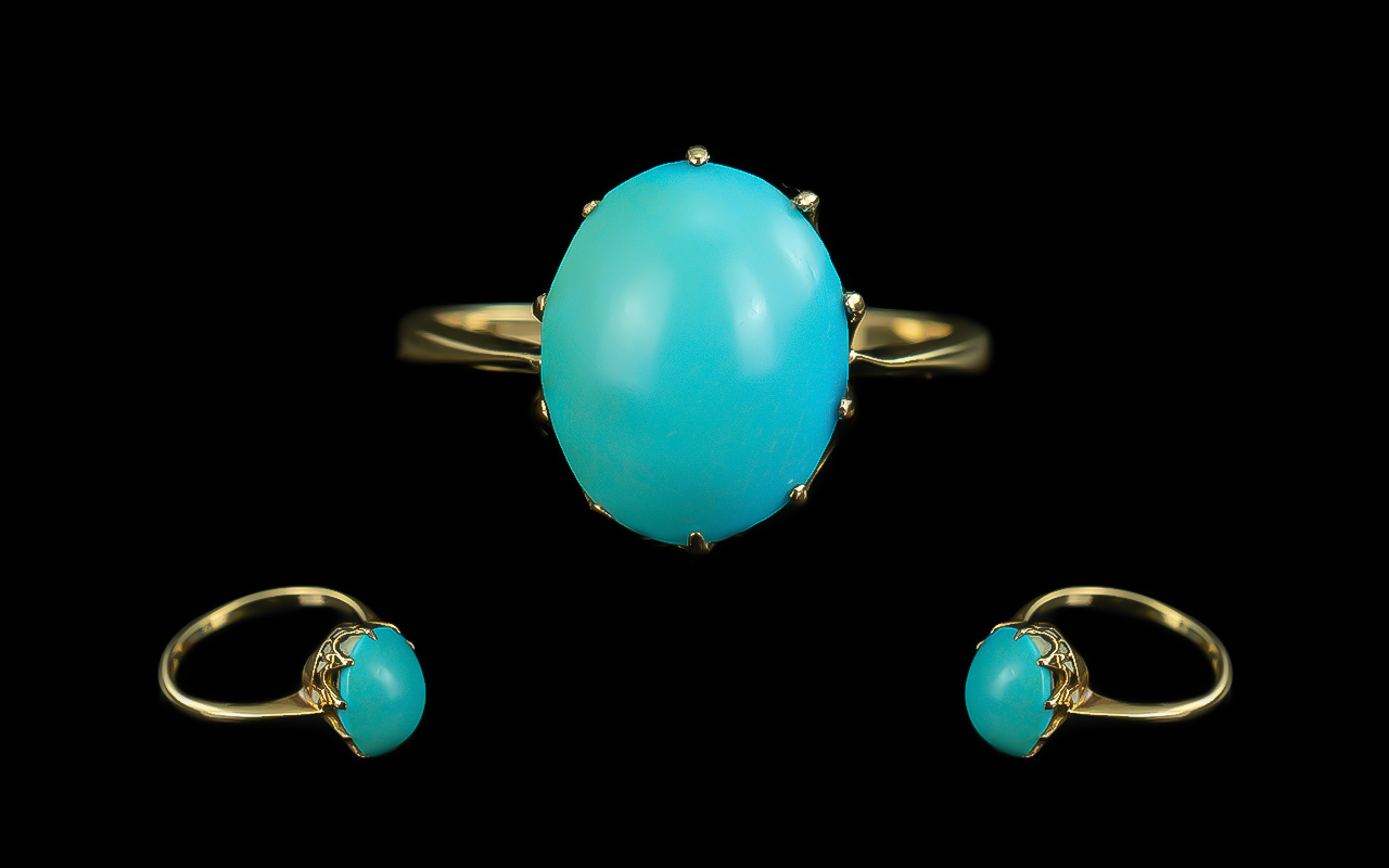 Antique Period Attractive Single Stone Turquoise Set Ring, marked 18ct to shank.