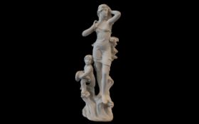 White Plaster Figural Statue of a Lady and Child, raised on a base formed of waves,