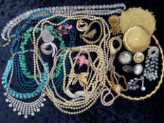 Box of Misc Costume Jewellery, Includes Brooches, Necklaces, Watch, Compact etc.