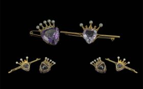 Antique Period 9ct Gold Coronet Brooch, Set with Large Amethyst and Pearls with Safety Chain.