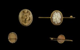 Antique Period Good Quality 9ct Gold Hardstone Cameo Brooches ( 2 ) In Total. Both Marked for 9ct.