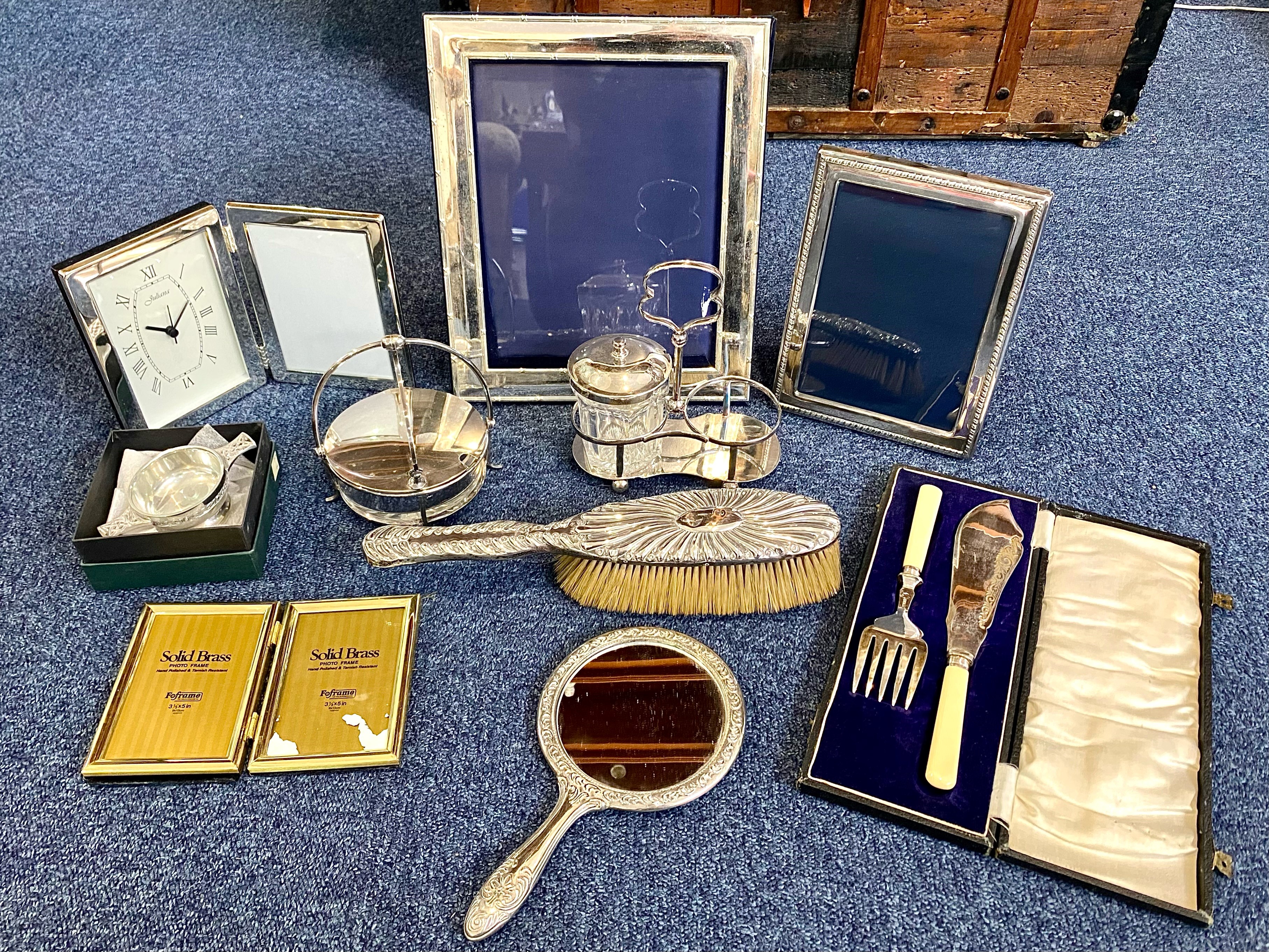 Mixed Box to include silver plated fish knives and forks, two silver plated photo frames,