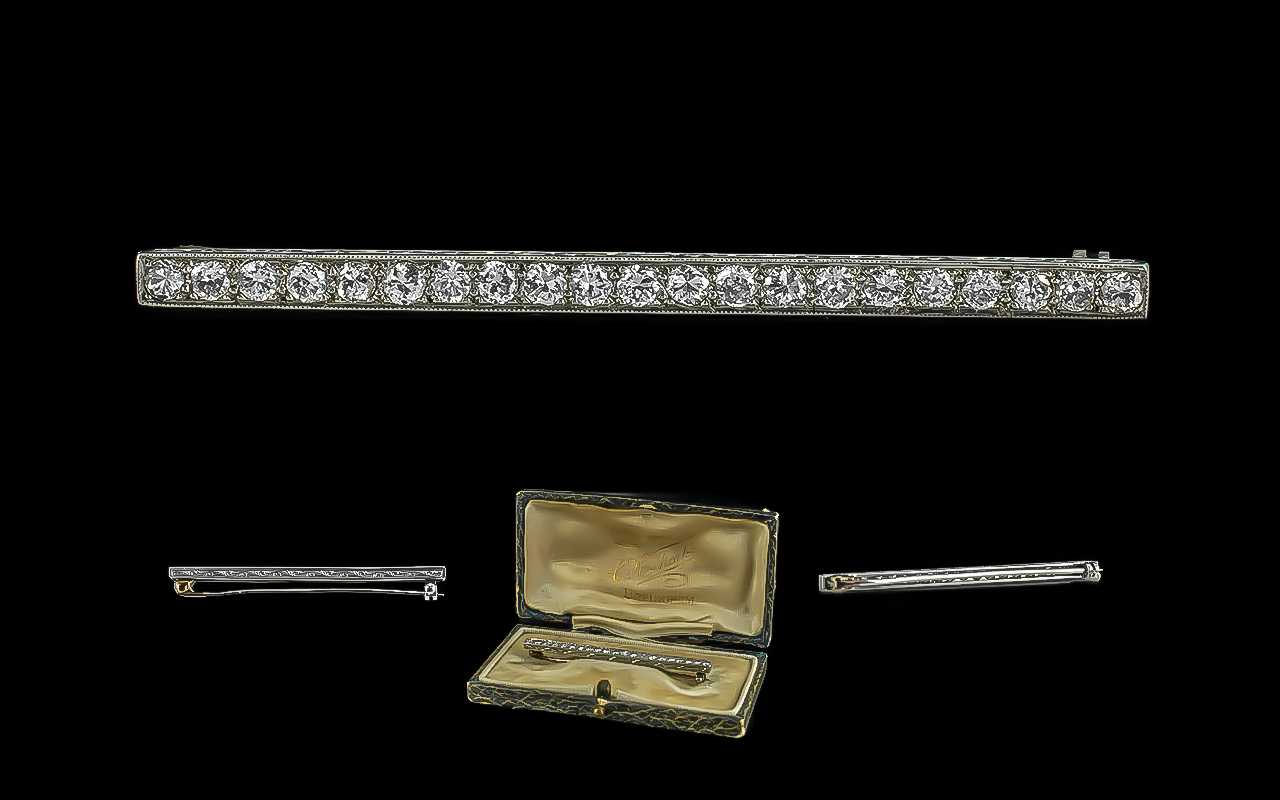 Art Deco Period 1920's 18ct White Gold Diamond Set Line Brooch ( Exquisite ) Set with 21 Round