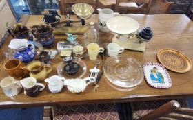 Box of Miscellaneous Items, including scales and weights, corkscrews, assorted jugs,