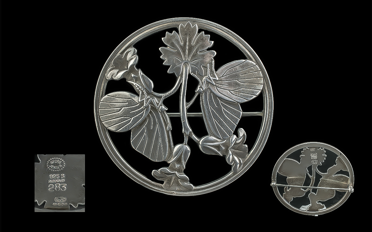 Georg Jensen - Signed Large Sterling Silver Flower Brooch. c.1950's. Excellent Quality, Marked Georg